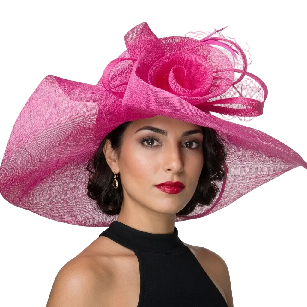 A woman wearing a large, vibrant pink fascinator hat with a wide brim and a prominent rosette flower decoration, set against a plain light gray background.