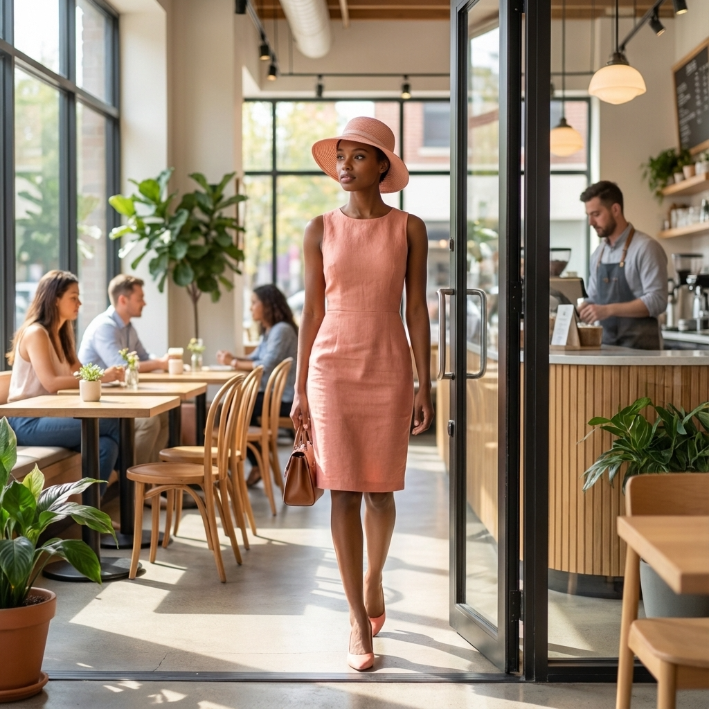 Woman in a pink dress and hat walking into a modern cafe.