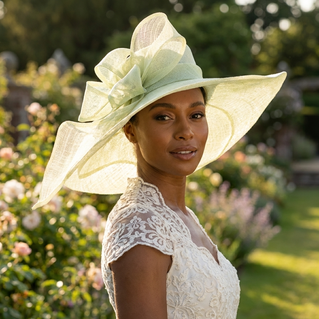 Pale Lime Sinamay Wide Brim Hat with Abstract Bow