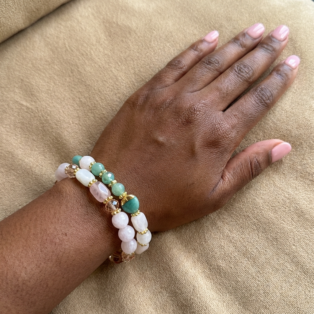 JBM Designs Green Aventurine & Rose Jade Beaded Bracelet - S6