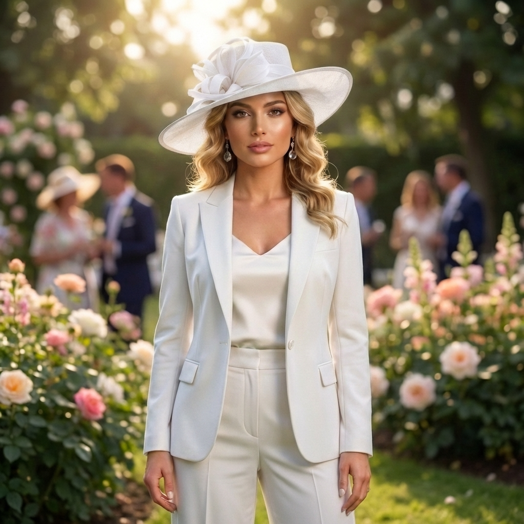Woman in a white suit and hat standing in a garden with flowers and people in the background