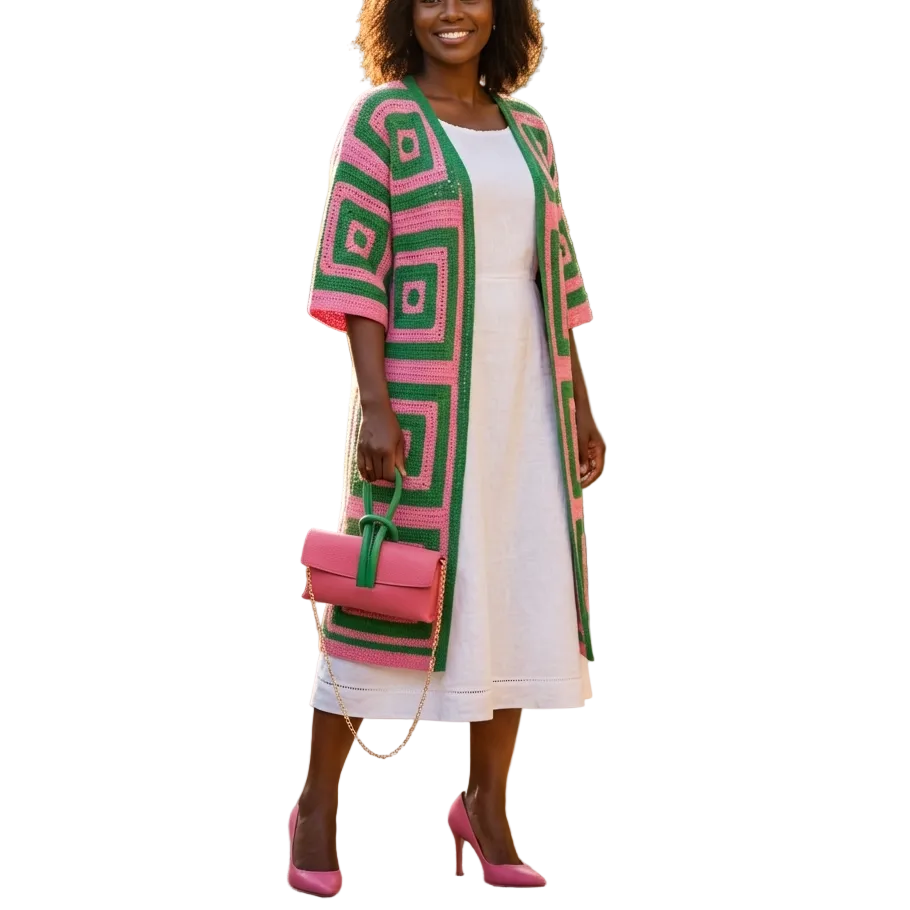 Woman in a white dress with a green and pink patterned cardigan standing in a garden.