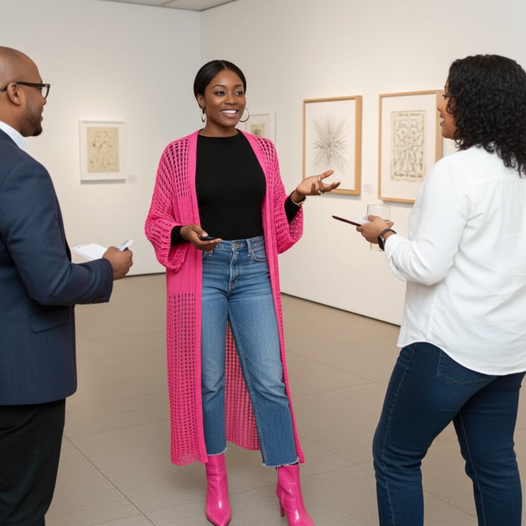 Woman in a pink cardigan and blue jeans standing in an art gallery with two other people.