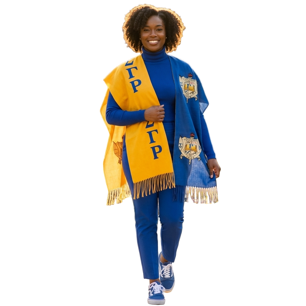 Woman wearing a blue and yellow sorority scarf with Greek letters on a white background