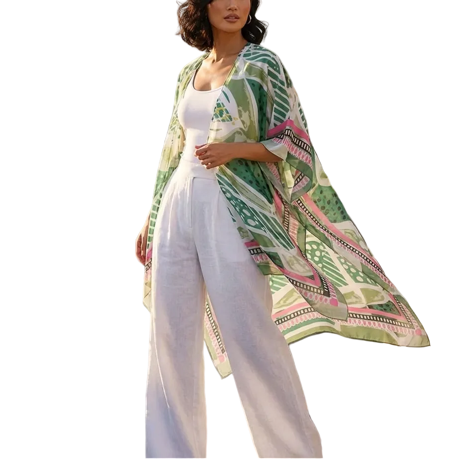 Model wearing green pink geometric print lightweight open front kimono poncho