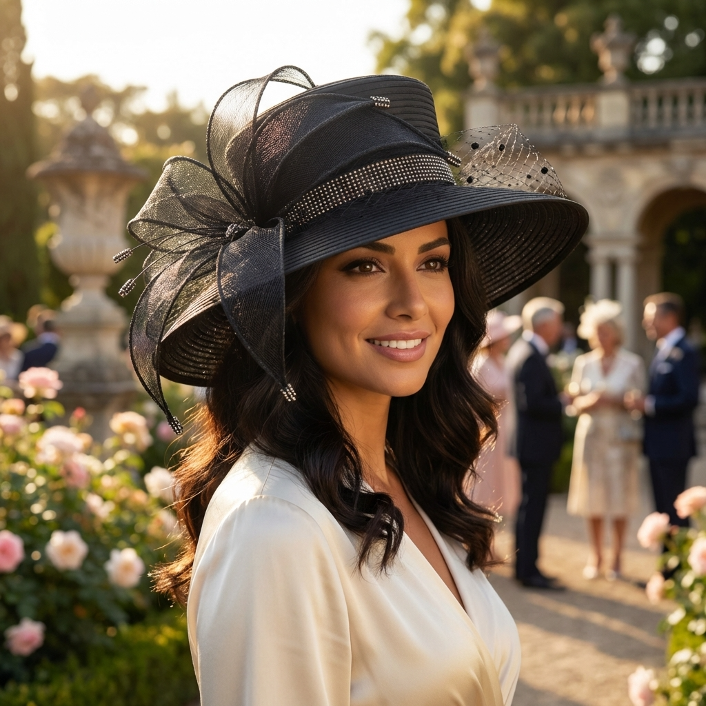 Sinamay Ribbon Flower Wide Brim Hat: Black