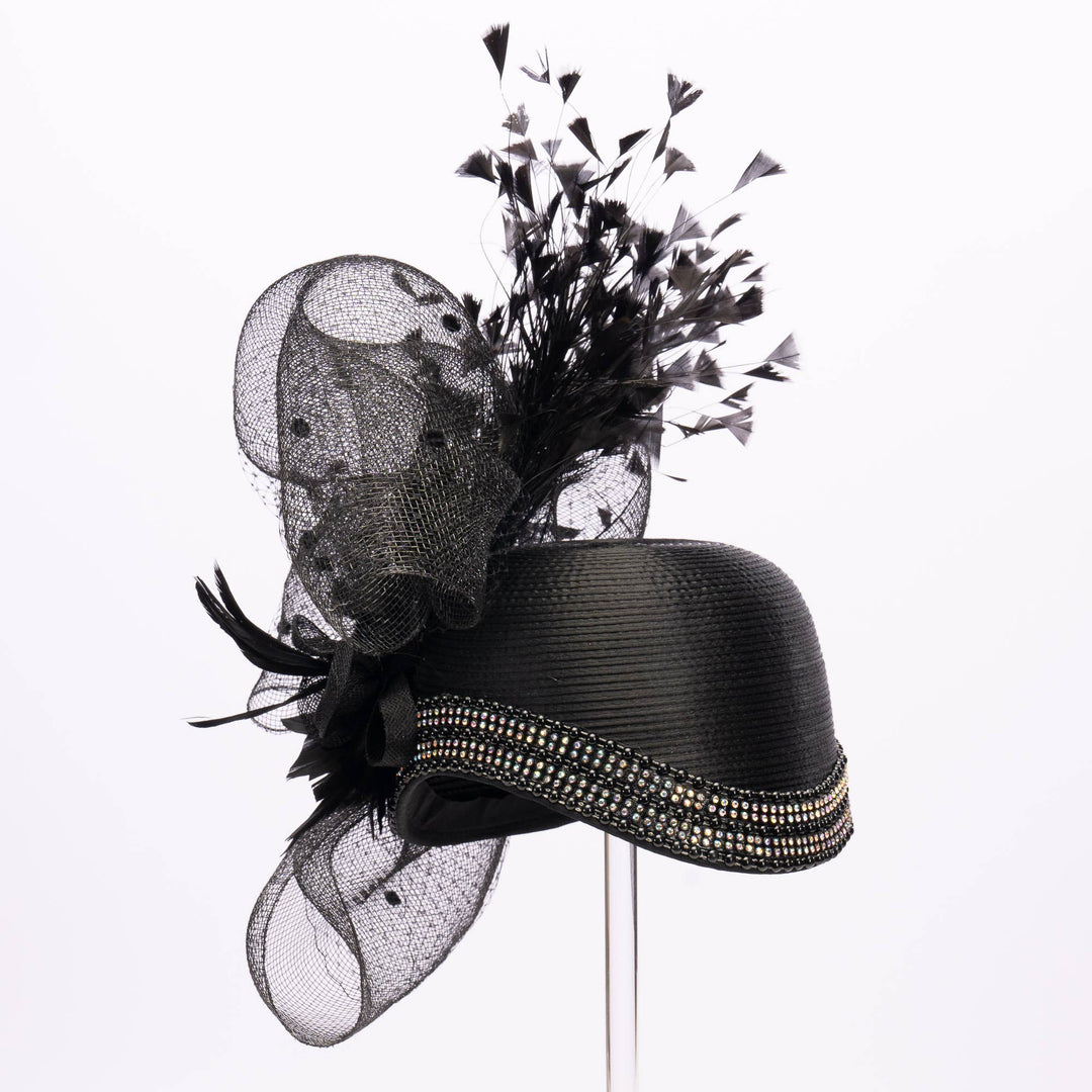 Variety Feather And Puff Crinoline Bow On Satin Cloche Base: Black