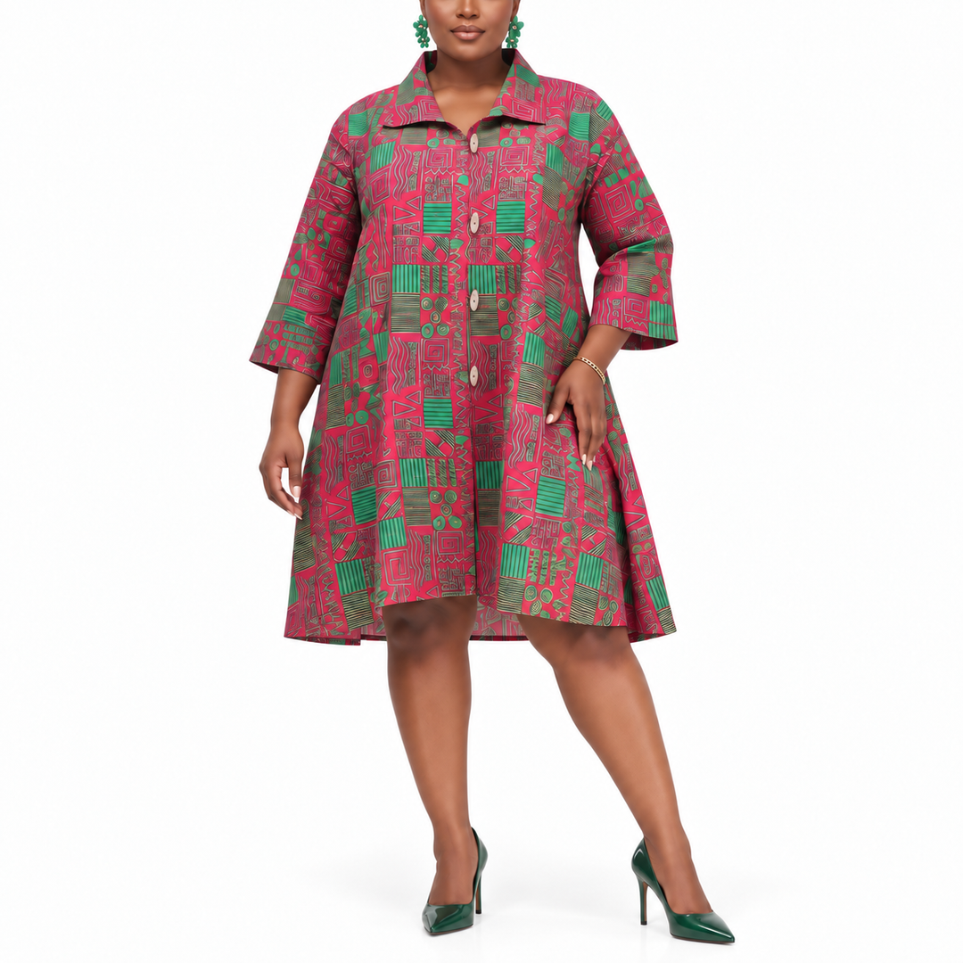Pink &amp; Green Geometric Print Cotton Button Dress