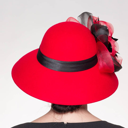 Feather Flower Bow Down Brim Hat: Red Black