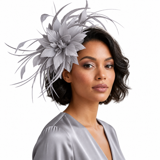 Tocado de plumas Midnight Bloom - Tocado de alta costura esculpido negro con velo