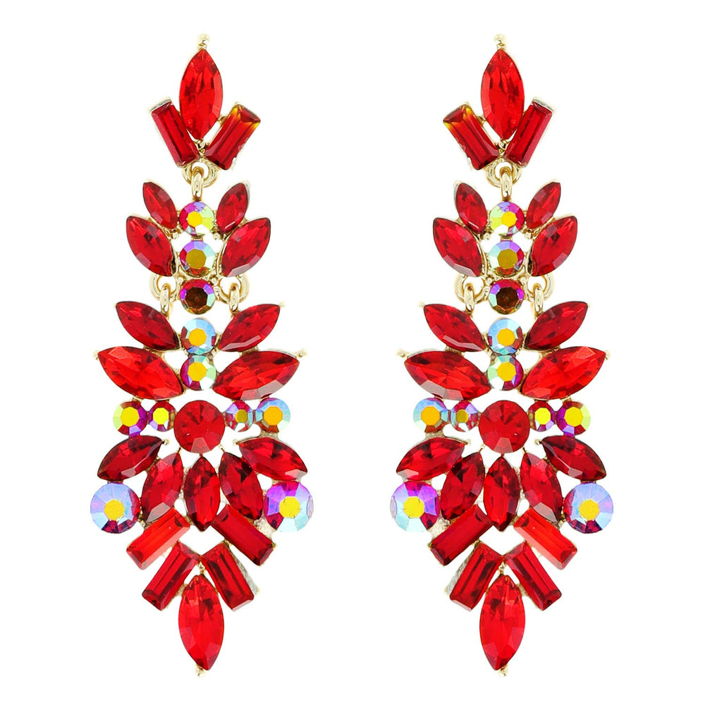 A pair of chandelier earrings with red gemstone clusters and gold-tone metal.