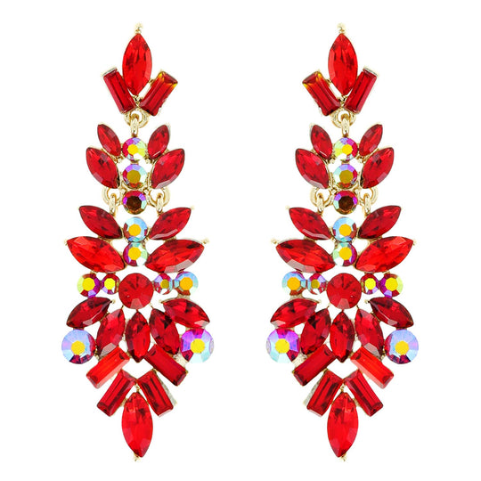 A pair of chandelier earrings with red gemstone clusters and gold-tone metal.
