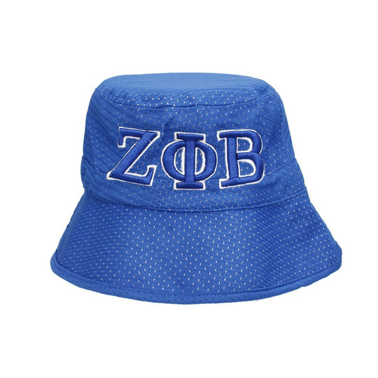 Blue bucket hat with 'Zeta Phi Beta' letters on a white background