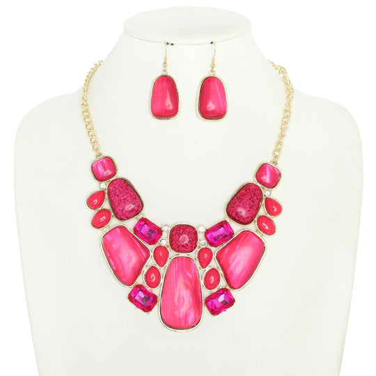 Assorted A Gate Crystal Gemstone Bib Necklace Set : Fuchsia