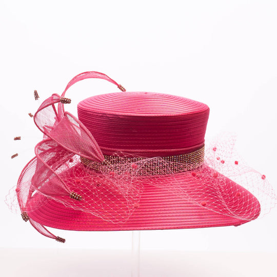 Hot Pink Sinamay Ribbon Flower Wide Brim Hat: Fuchsia