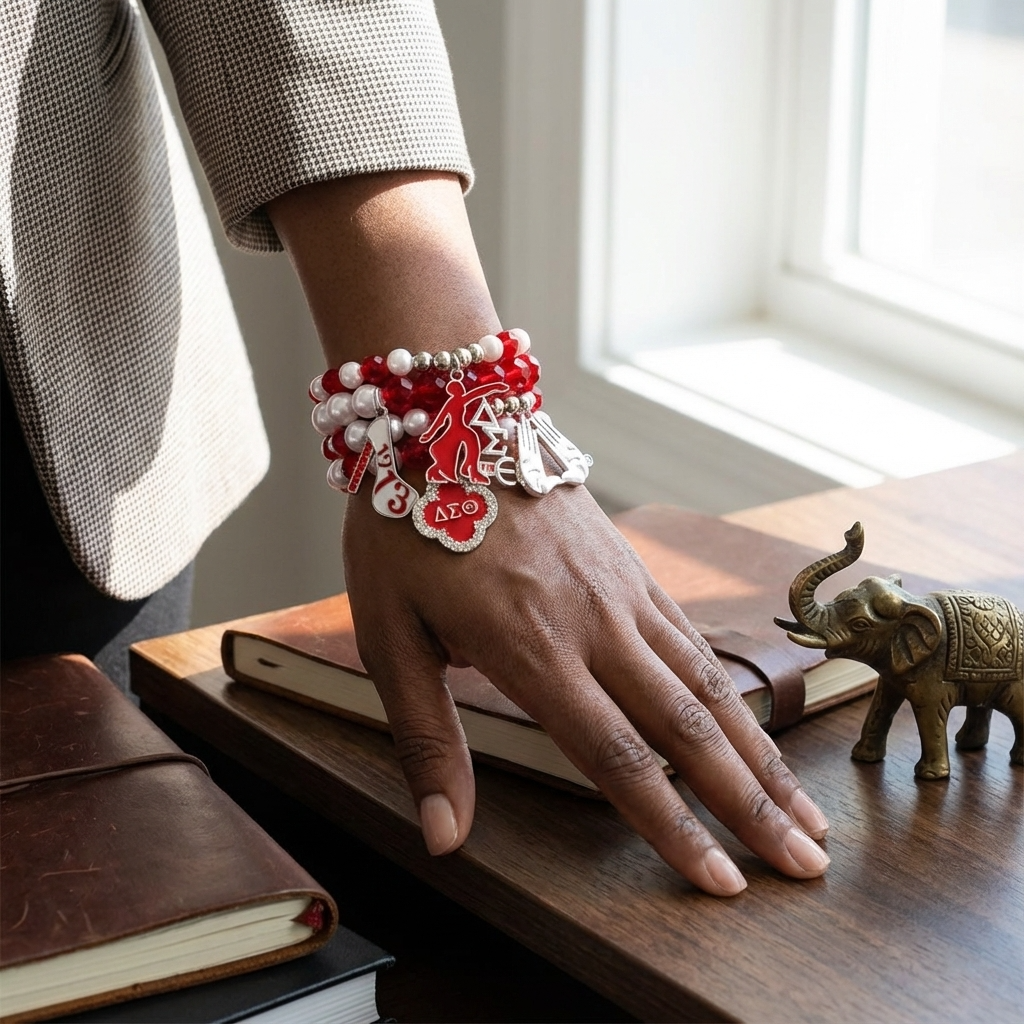Hand wearing multiple bracelets on a wooden surface with books and an elephant figurine.
