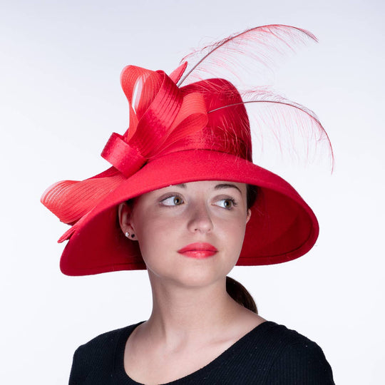 Feather Bow Trim Asymmetric Wool Felt Hat: Royal