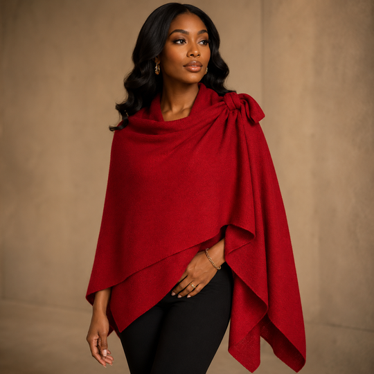 Asymmetrical Side Bow Poncho Wrap – Red