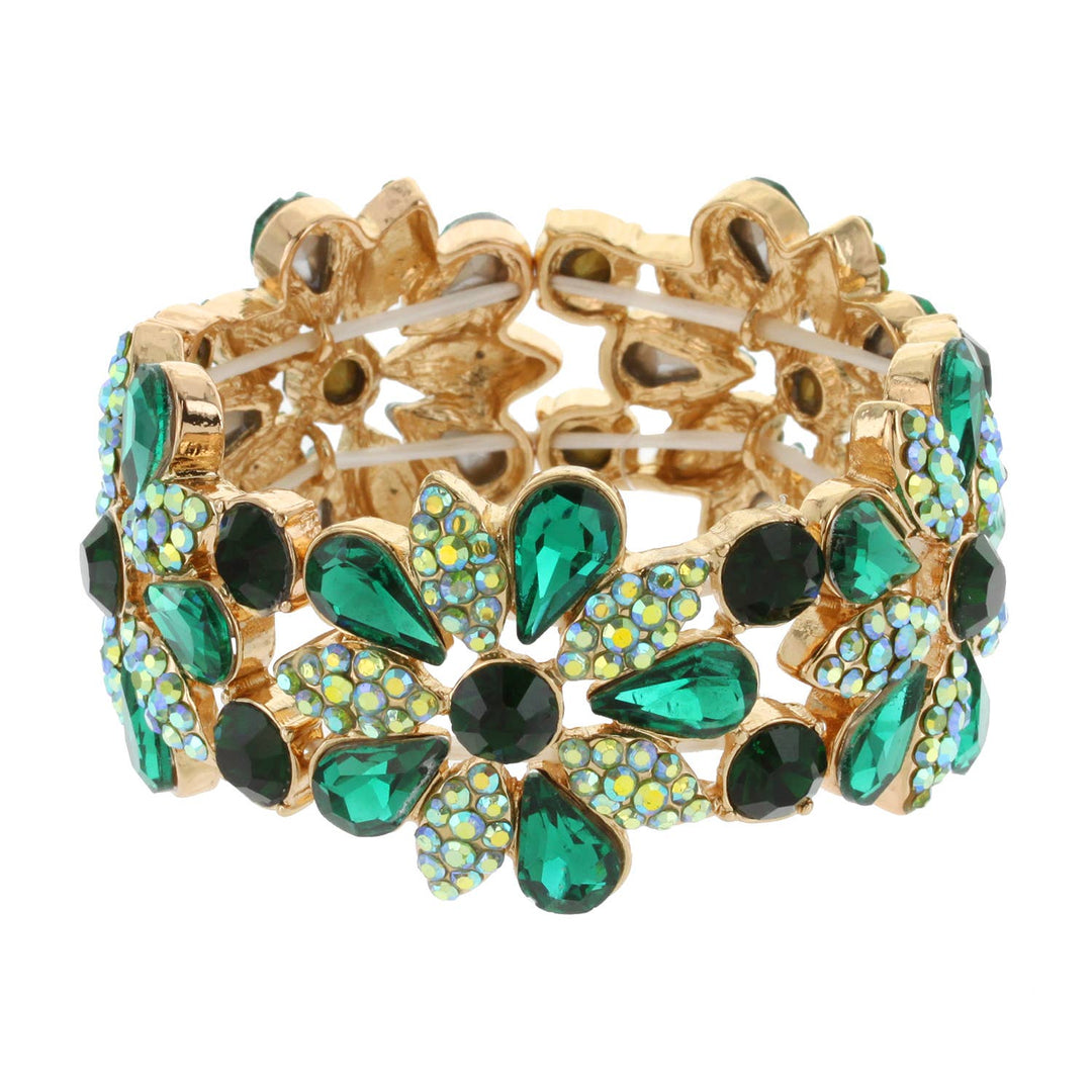 Floral Rhinestone Gem & Cluster Evening Stretch Bracelet: Green