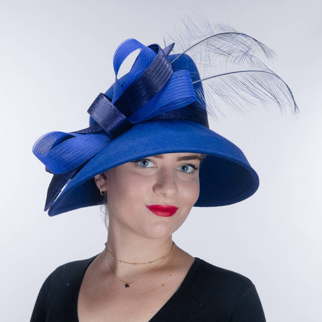 Feather Bow Trim Asymmetric Wool Felt Hat: Royal