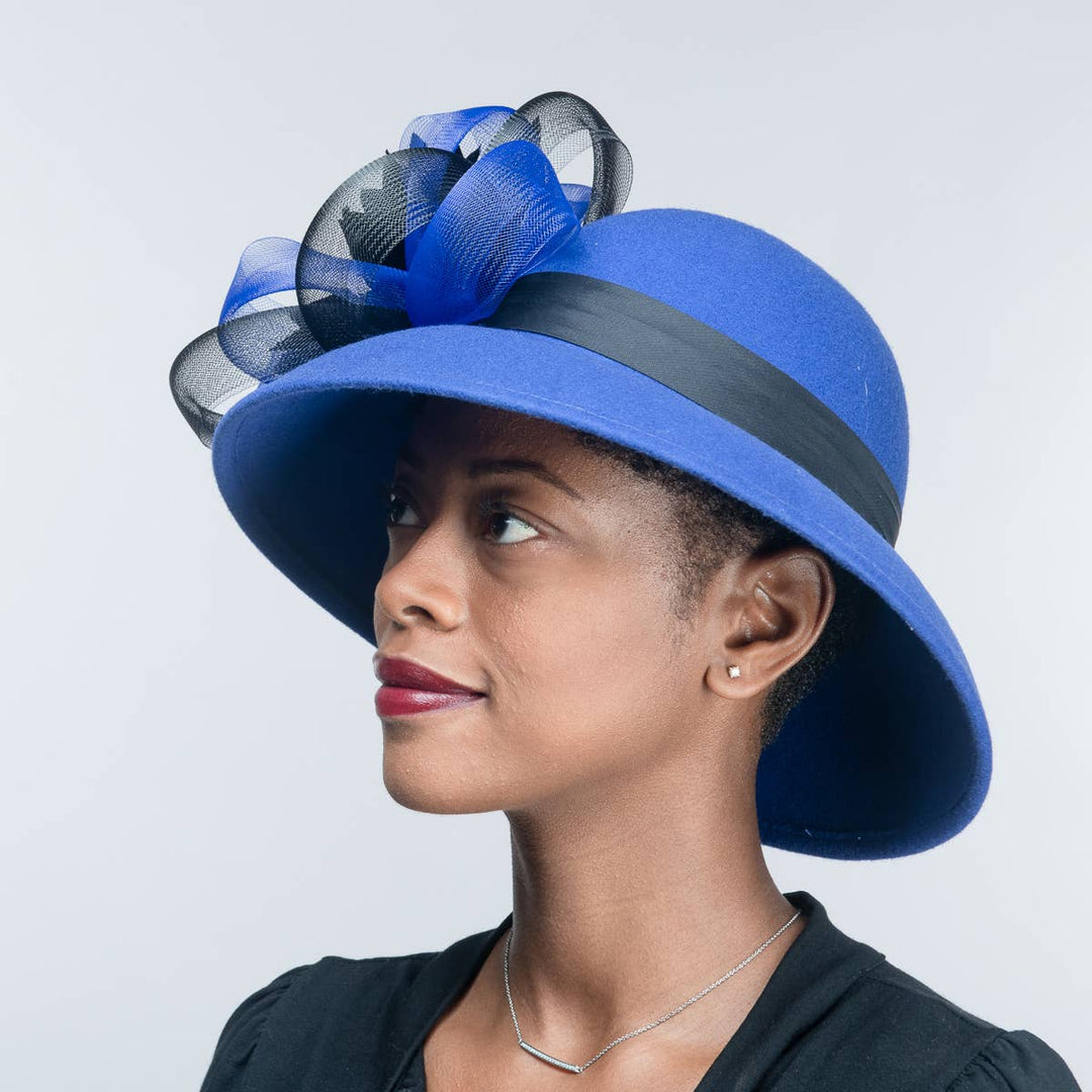 Feather Flower Bow Down Brim Hat: Royal Black