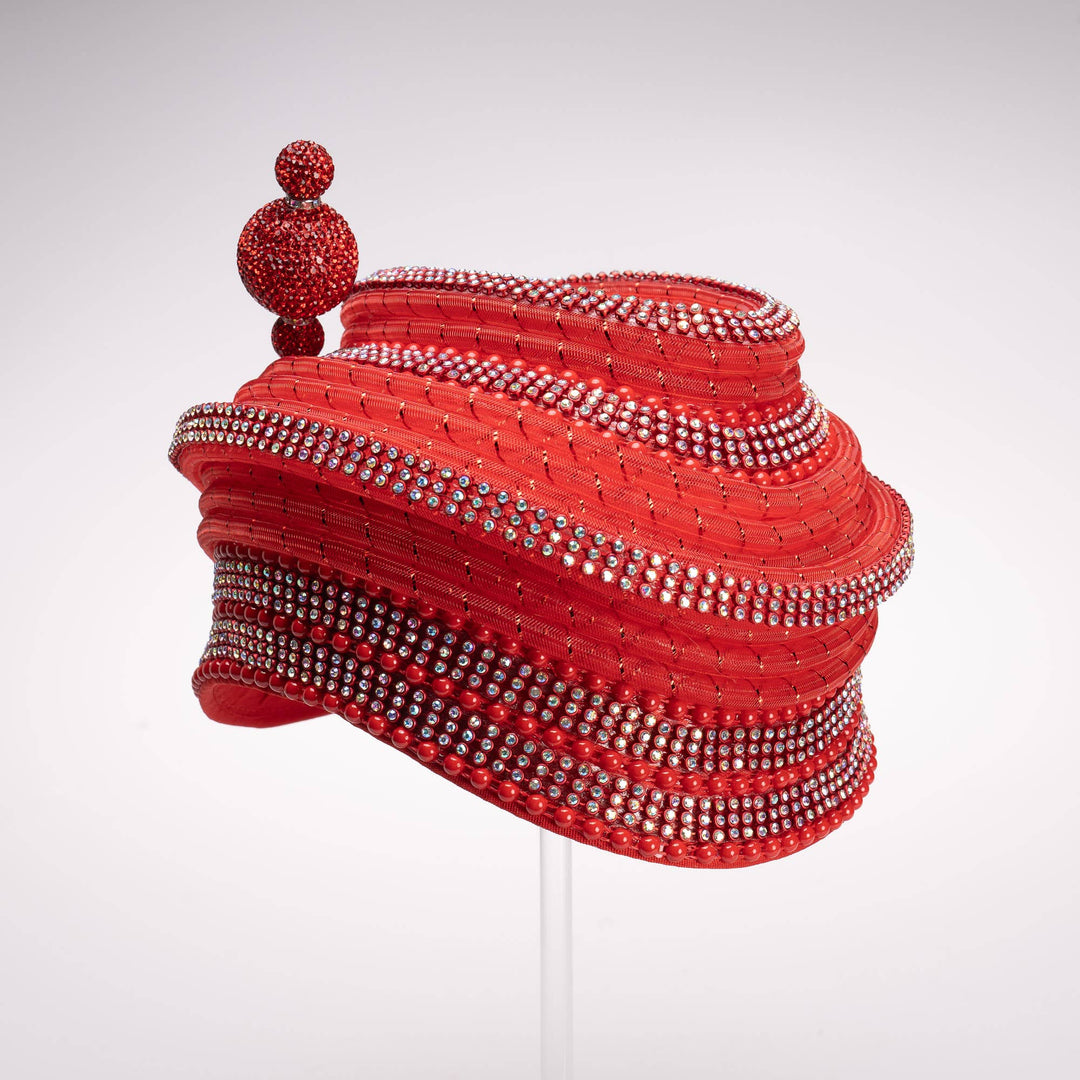 Rhinestone And Crinoline Tube Cloche with Pin: Red