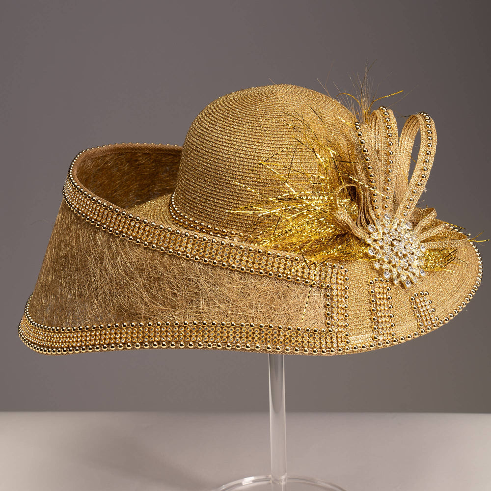 Luxury Metallic Hat With Sinamay & Rhinestone: Gold