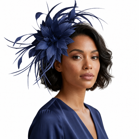 Feather Floral Fascinator Headband with Crinoline Detail - Navy