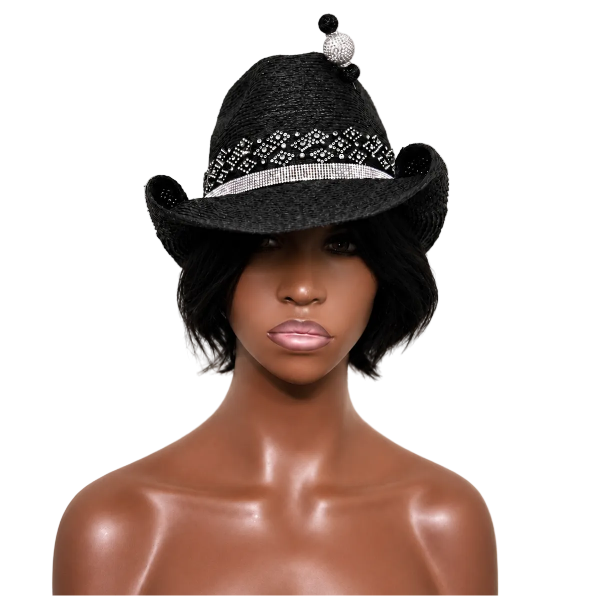 Black straw hat with decorative band on a mannequin head against a beige background