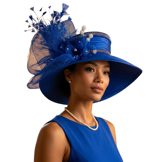 Satin Sailor Hat with Mesh Crinoline Bow - Royal