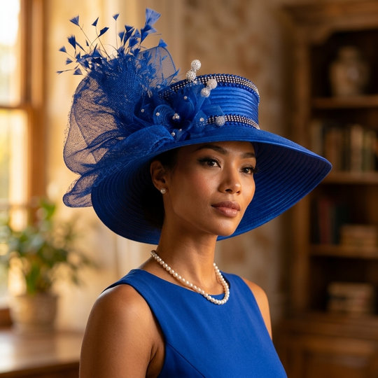 Satin Sailor Hat with Mesh Crinoline Bow - Royal