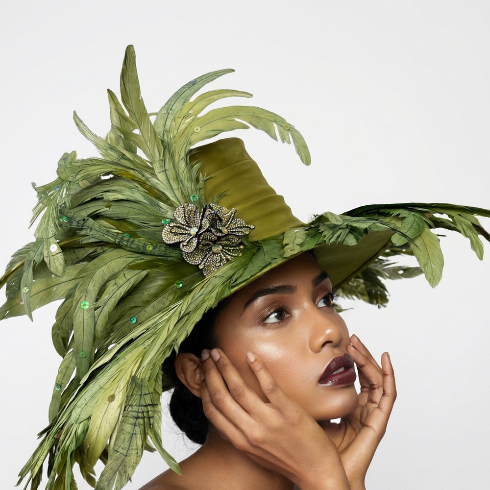 Woman wearing a green feathered hat against a white background