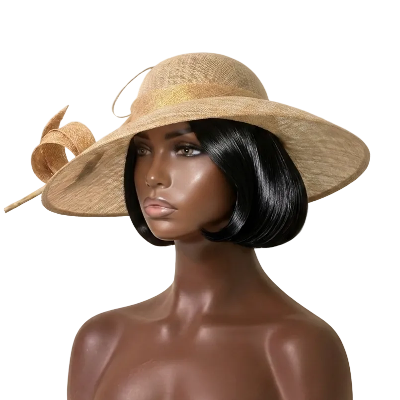 Mannequin head wearing a large straw hat on a beige background
