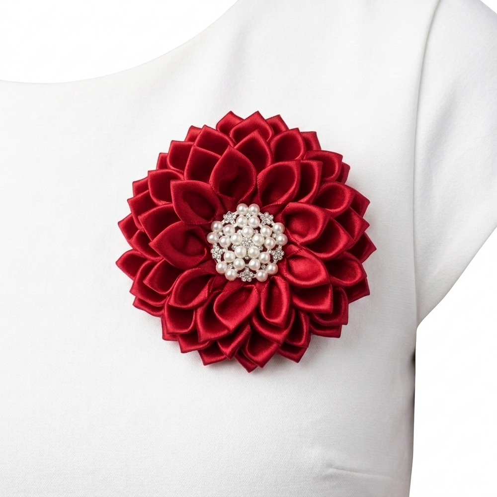Red Satin Flower Corsage Brooch Pin
