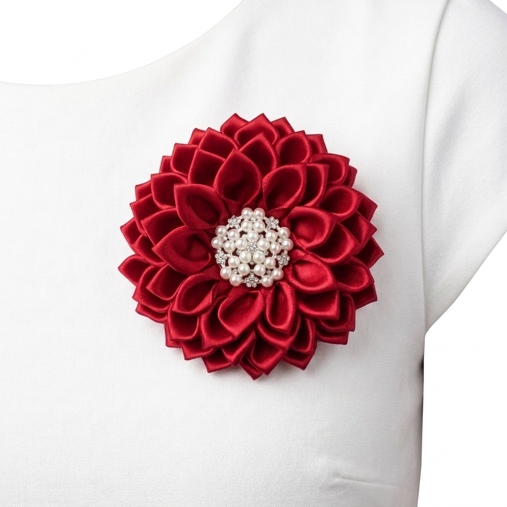 Red Satin Flower Corsage Brooch Pin