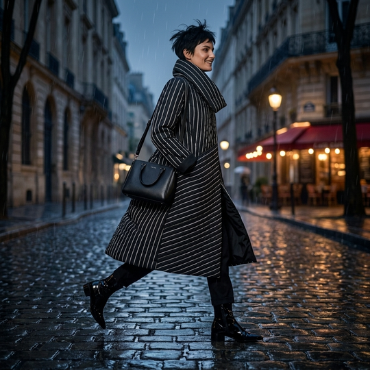 A woman walking on a wet cobblestone street at dusk, wearing a long black coat with thin white vertical stripes, a large black shoulder bag, and black boots. Parisian-style buildings and lit storefronts are blurred in the background.