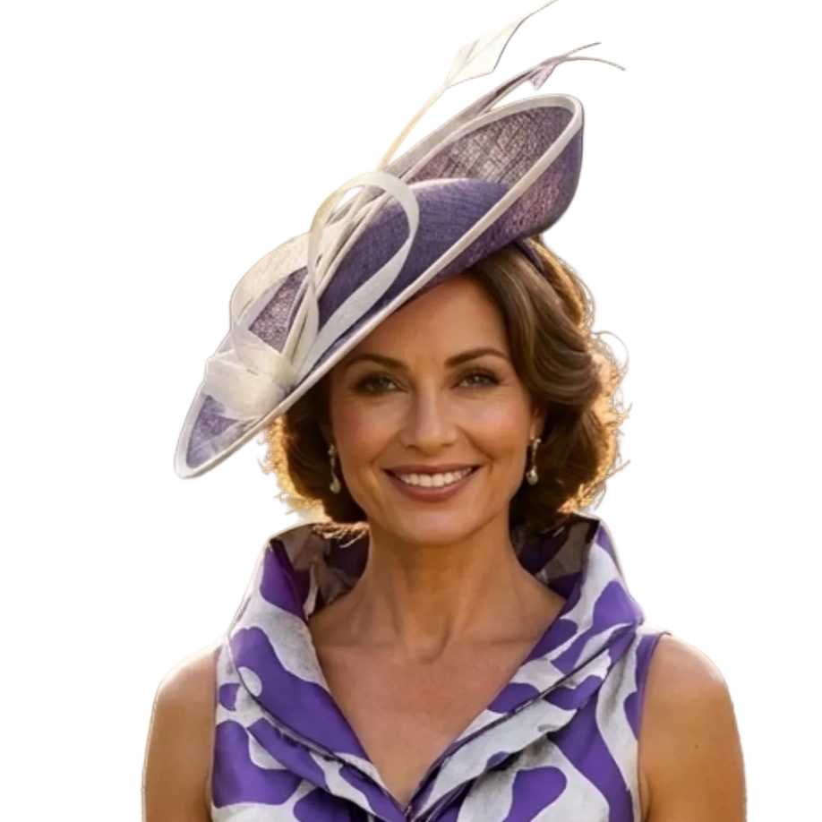 Woman wearing a purple and white dress with a matching hat, standing outdoors.