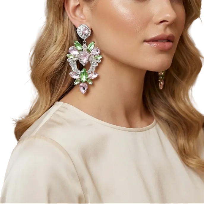 Woman wearing elegant earrings in a blurred indoor setting