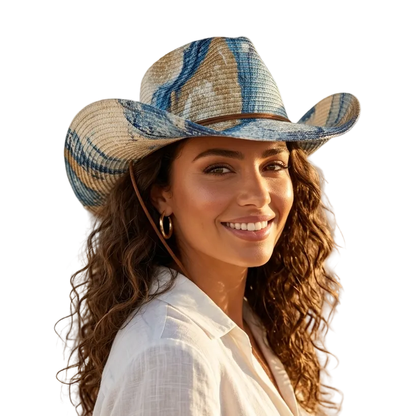 A smiling woman with long curly brown hair wears a straw cowboy hat with blue and beige plaid stripes, standing outdoors on a balcony with white buildings and the sea in the background.