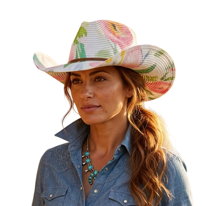 A woman wearing a blue denim western-style button-up shirt and a white cowboy hat with a pink, green, and blue floral pattern, standing outdoors in front of a rustic stone wall.