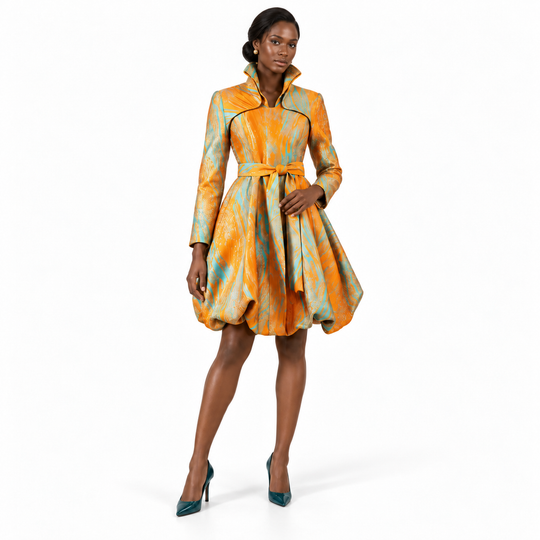Jacquard Versatile Dress Coat - Mustard Turquoise