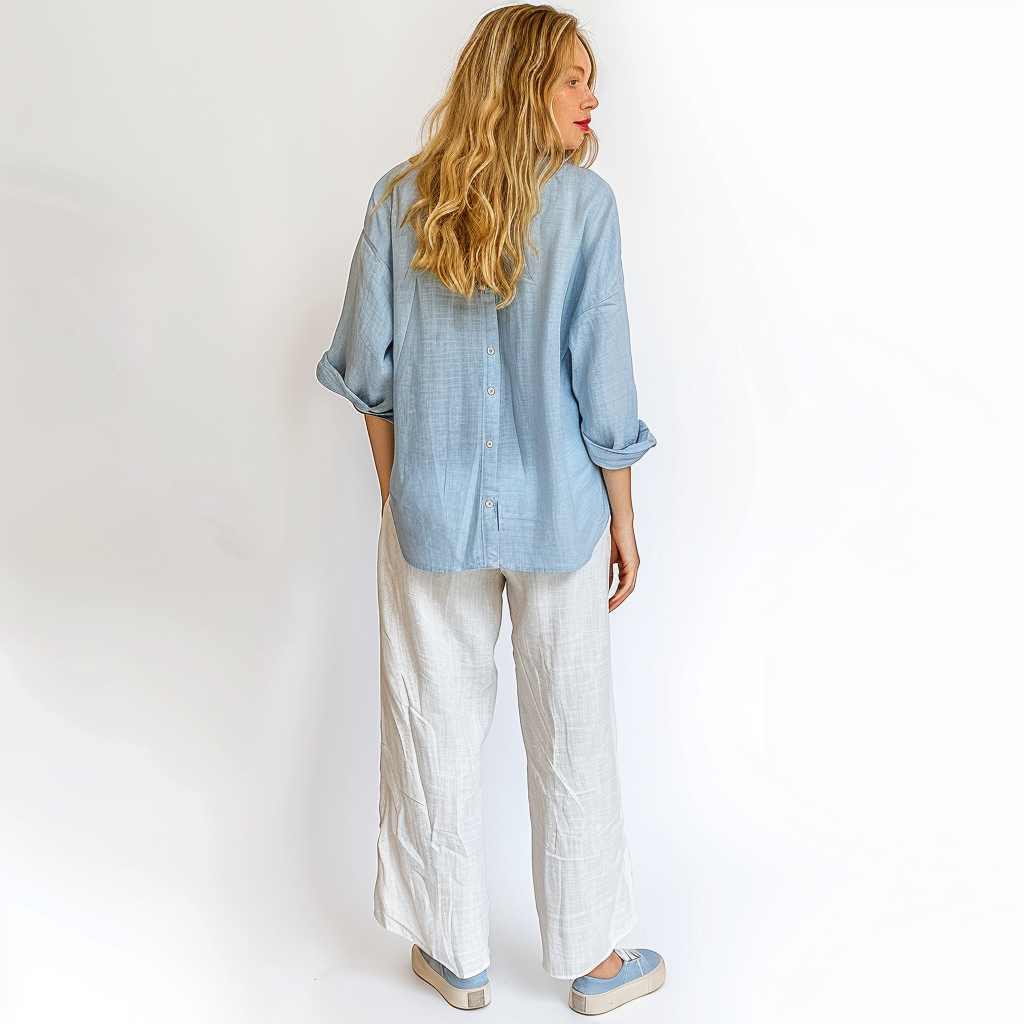 Woman wearing a light blue shirt and white pants on a plain background