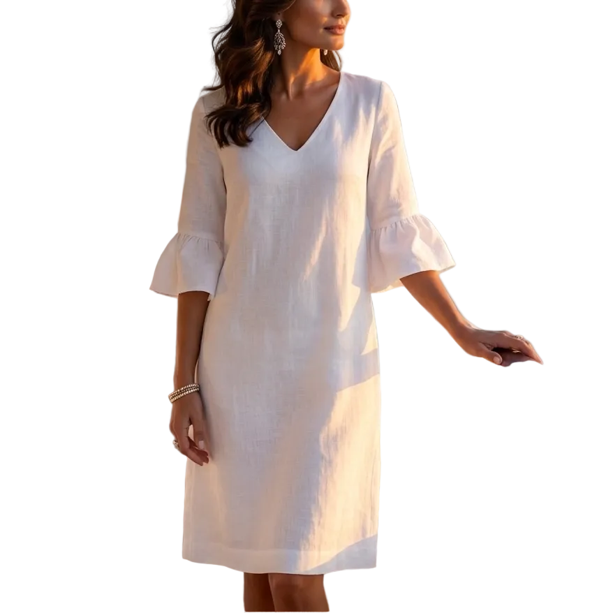 Woman in a white dress standing on a yacht with a scenic background