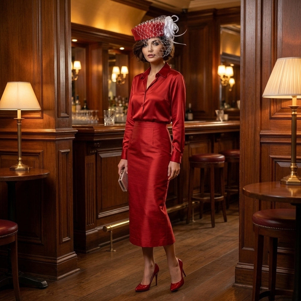 Woman in a red outfit standing in a bar with wooden decor