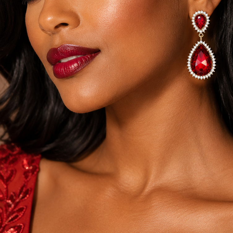 A close-up portrait of a woman with dark wavy hair wearing a red sequined top and a pair of dangling red teardrop earrings with silver and clear stones, set against a softly blurred indoor background with warm lights.