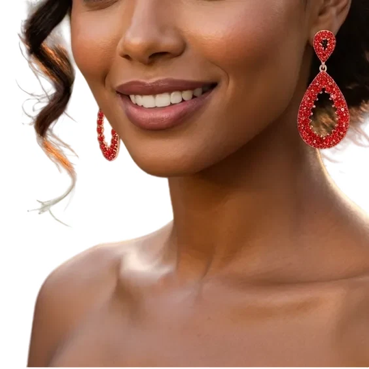 Crystal Teardrop Open Dangle Earrings – Red Rhinestone