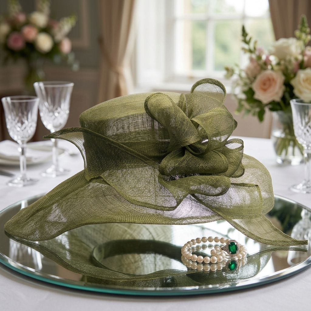 Olive Sinamay Wide Brim Hat with Abstract Bow