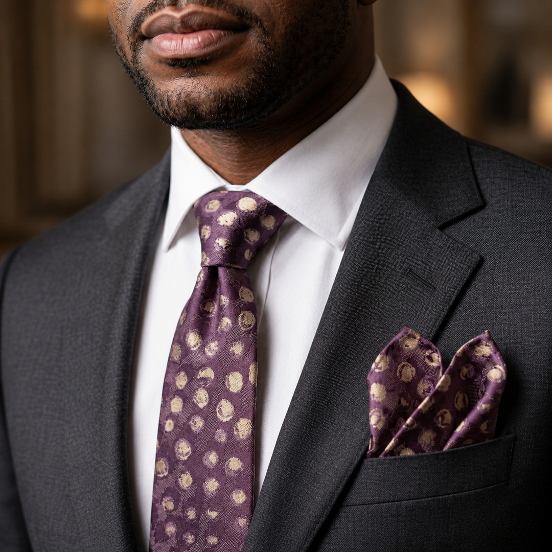 Man wearing a gray suit with a purple tie and pocket square.
