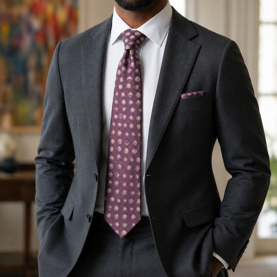 Man wearing a gray suit with a purple polka dot tie indoors.