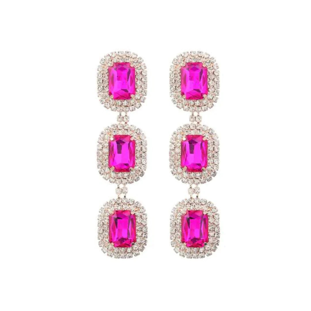 Penelope pink triple-drop earrings with pavé rhinestones – bold statement jewelry